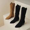 Krazing Pot Cow Suede Winter Round Toe Thick Med Heels Modern Boots Women Zipper Pleated Decoration Thigh High Boots