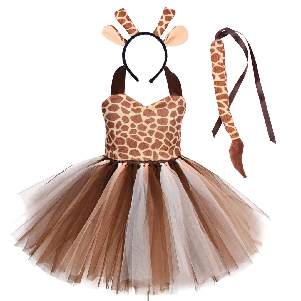 Baby Girls Halloween Animal Cosplay Costume Kids Forest Theme Giraffe Cows Tiger Leopard Zebra Print Tutu Dress Birthday Party