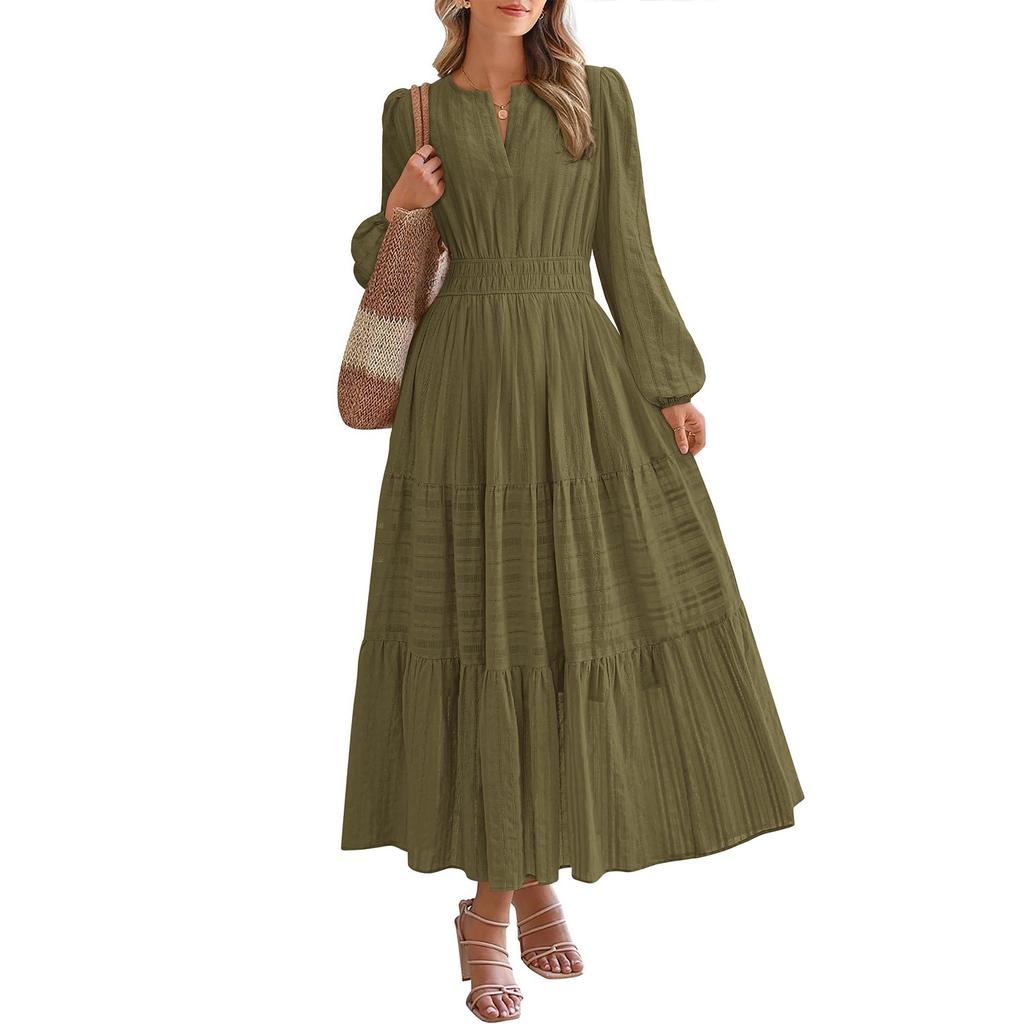 Women's Fashion V-neck Pleated, Waist-cinching, Wide-swing Long-sleeved Dress