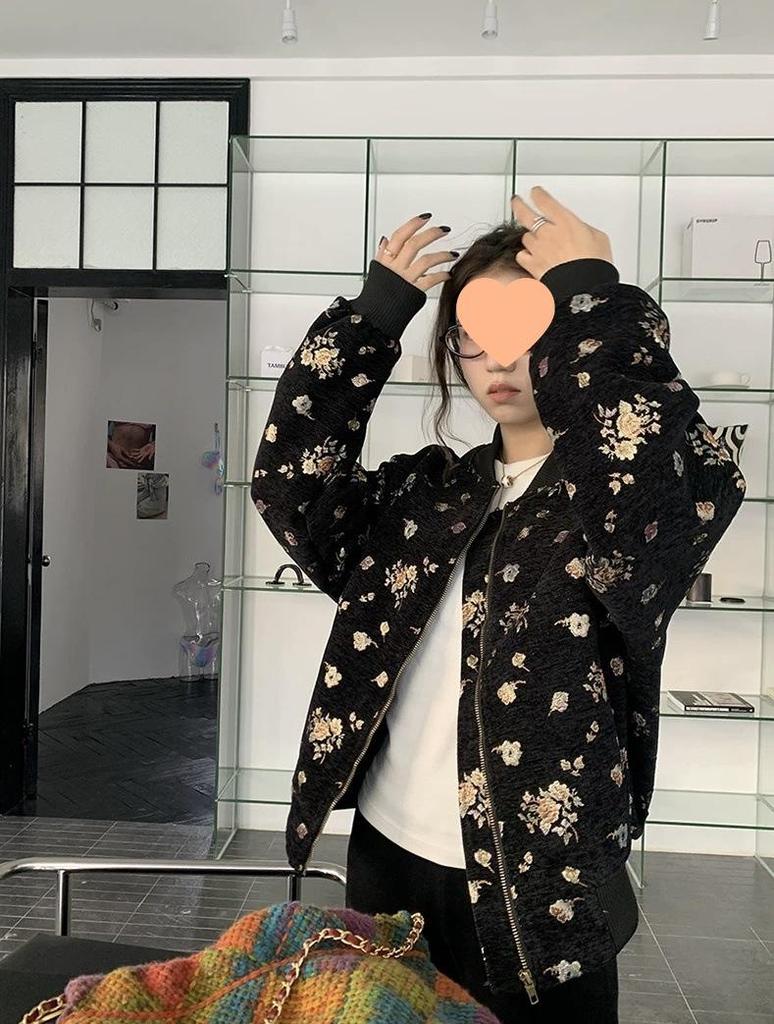 2025 Autumn Women's Retro Floral Print Chinese-Style Baseball Jacket - Trendy Unisex Niche Brand