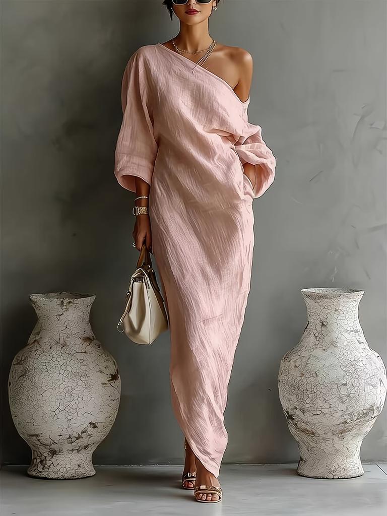 New Summer Fashion High-End Women's Long Sleeve Off-Shoulder Maxi Dress Mid-Waist Tucked-In Style