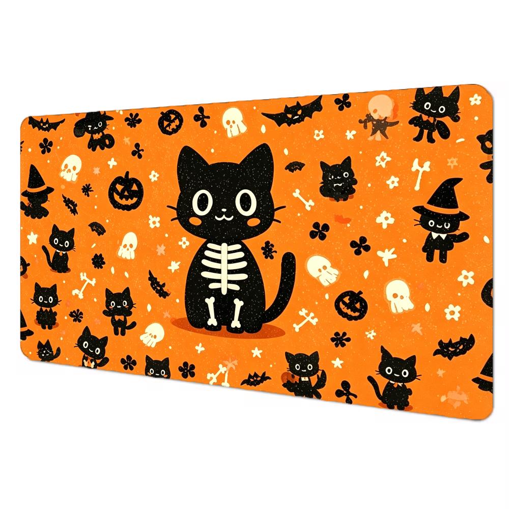 Halloween Skeleton Cat TCG Playmat Mouse Pad Playmat 24"X14" MTG TCG Office Desk Mat for Work Game PC Laptop Rug Carpet MousePad