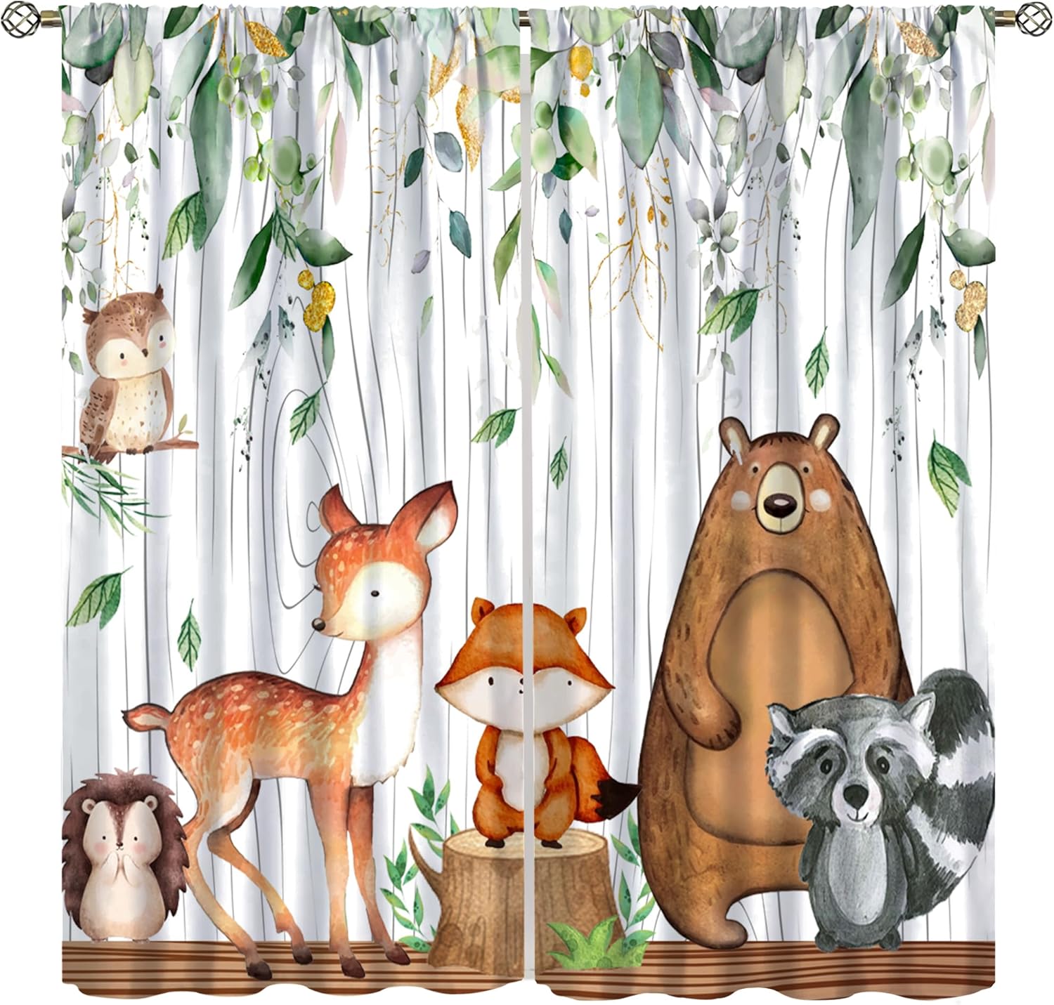 Forest Friends Curta – Watercolor Deer, Fox & Bear Design, 2 Panels For Kids Room Or Nursery 53x116cm 2pc21x46in