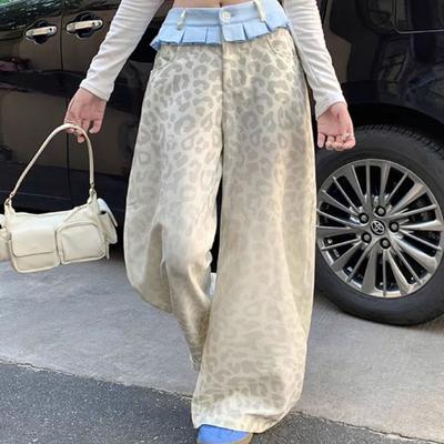 American Retro Leopard Wide Leg Trousers Female Clothing Folds Ruffle Chic Patchwork Autumn Winter Streetwear Loose Casual Pants