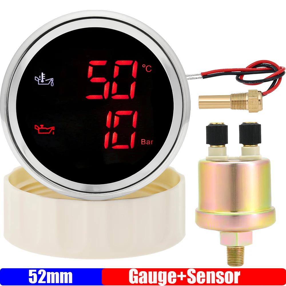 Digital 2 IN 1 Oil Temperature+Oil Pressure Gauge Green Red LED 52mm Gauge with Oil Press/Temp Sensor for Car Boat 12V24V