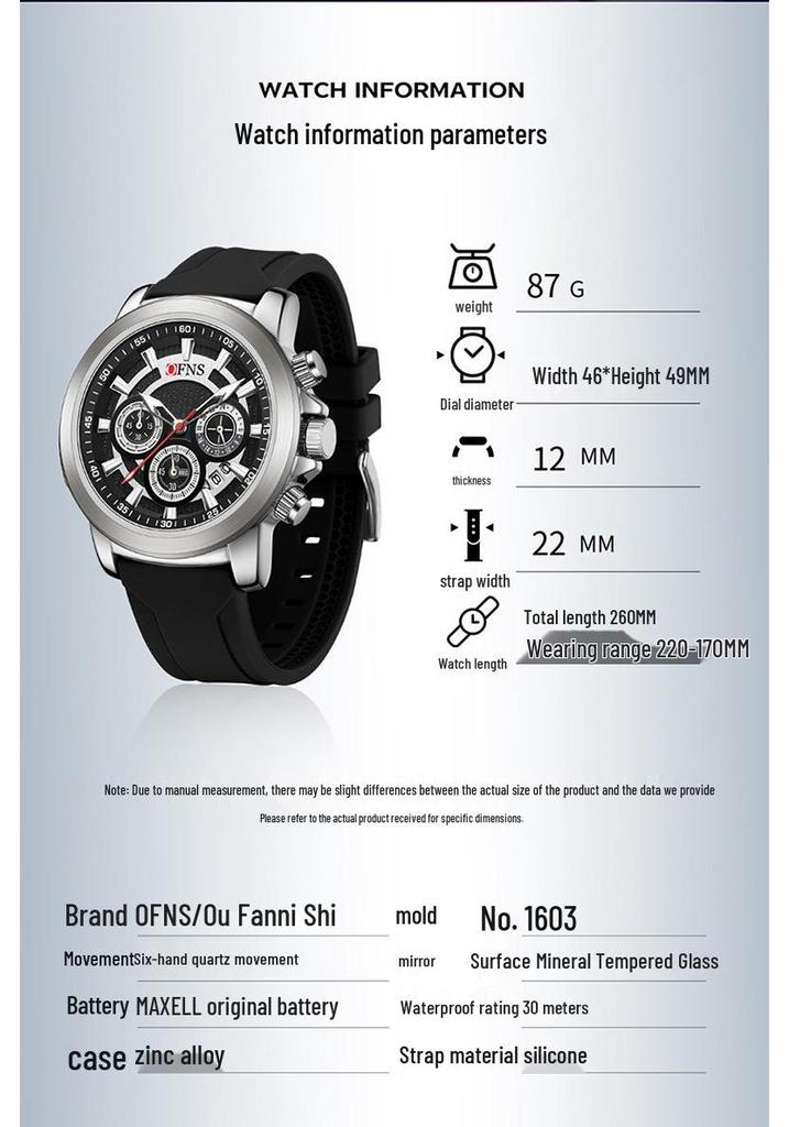 Oufanni Shi Quartz Chronograph Men’s Watch: Luminous, Multi-Functional, Waterproof with Calendar