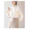 [TRENDOUX] blouse ladies long sleeve v neck race bow tie frills shirt tops shirt Plain color simple chiffon office formal blouse Fashionable
