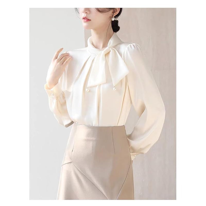 [TRENDOUX] blouse ladies long sleeve v neck race bow tie frills shirt tops shirt Plain color simple chiffon office formal blouse Fashionable