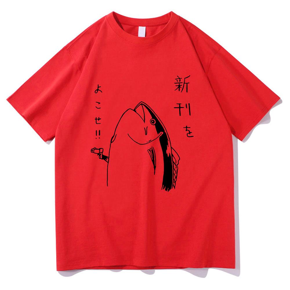 Harajuku Style Lovely Autumn All-purpose Top Fun Japanese Fish and Gun Design T-shirt Couples Unisex Cotton Design T-shirt