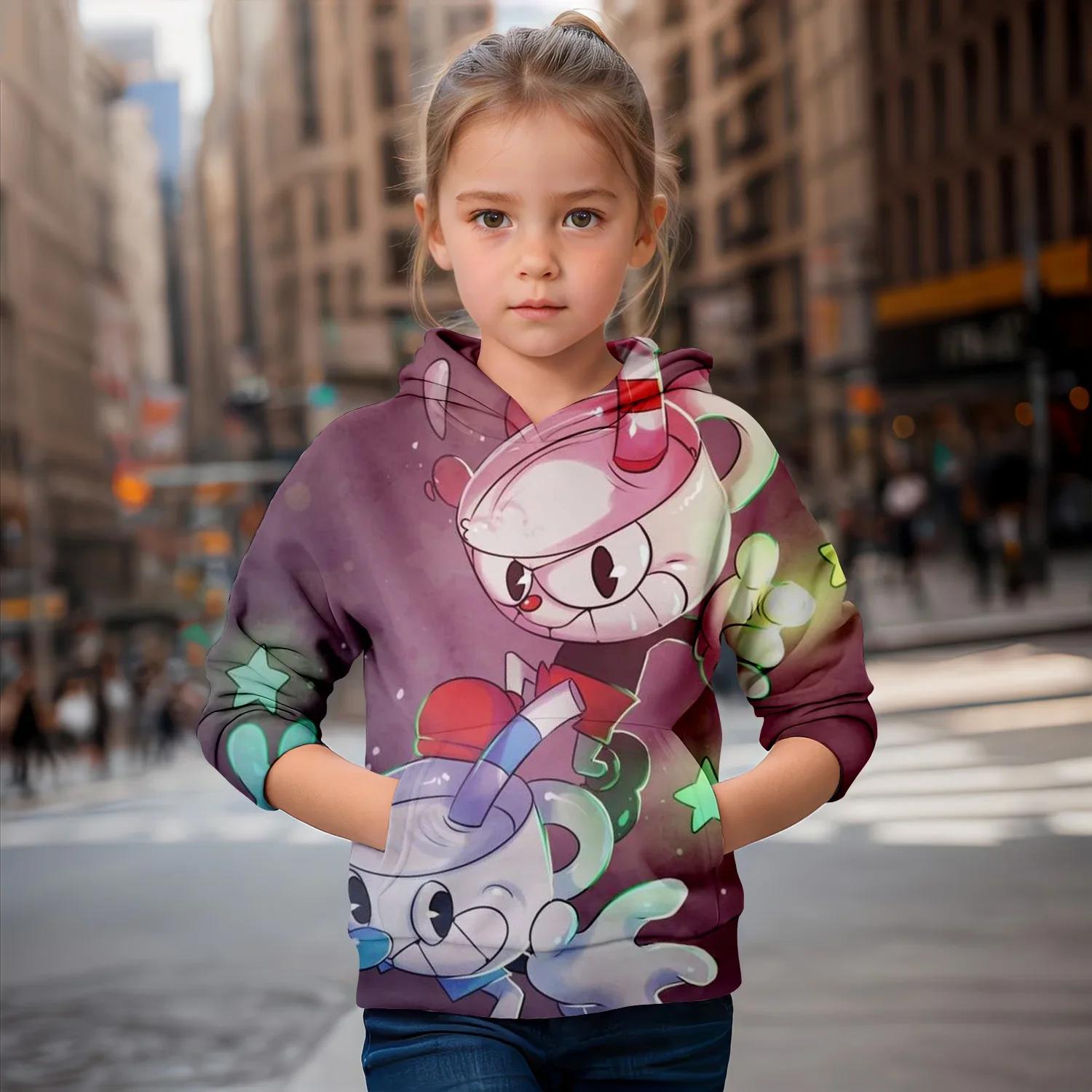 

Модная одежда для девочек, толстовки с капюшоном, детская одежда, осенняя, милая, 8 лет, детская, бутиковка, 3D-печатная, толстовка с капюшоном Cuphead, последняя модель 2024 года 160cm