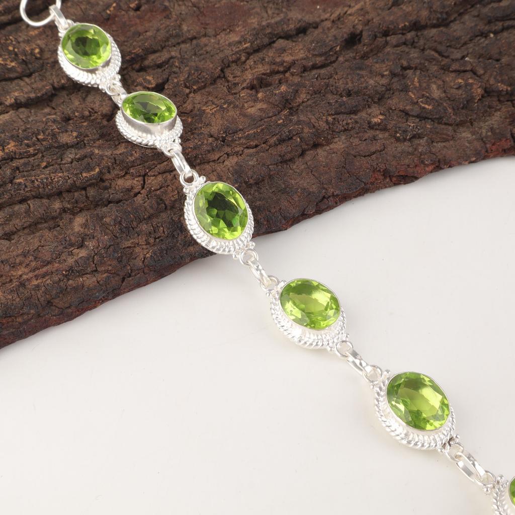 Peridot Gemstone 925 Stamped Silver Jewelry Handmade Bracelet 8.5" Gift For Wife RB-2-7