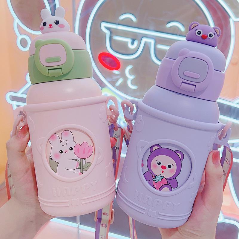 New children's thermal insulation water cup high value 316 stainless steel cartoon animal doll straw water cup gift