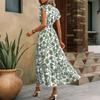 Bohemian Style Women's Summer V Neck Waist Cinched Floral Print Maxi Dress with Short Sleeves and Ruffled Hem for Casual Wear