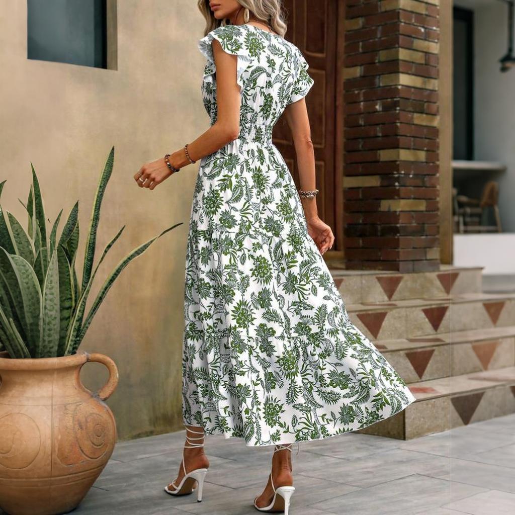 Bohemian Style Women's Summer V Neck Waist Cinched Floral Print Maxi Dress with Short Sleeves and Ruffled Hem for Casual Wear