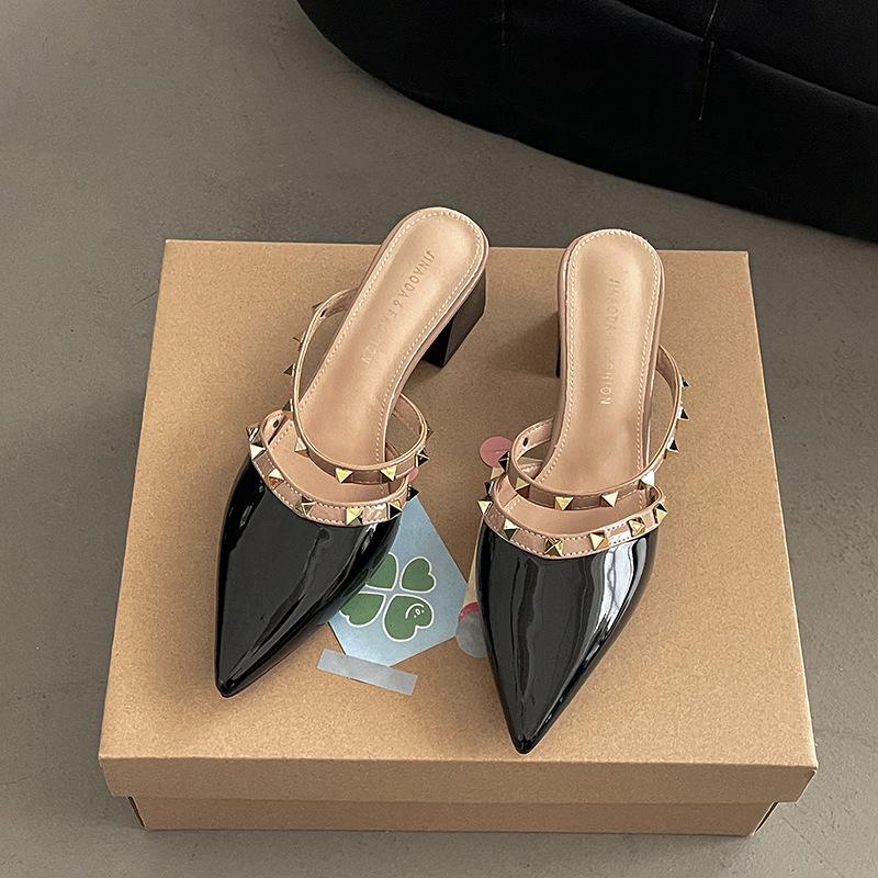 Baotou pointed high heel cool slippers summer new outer wear women's thick heel slippers rivet temperament versatile women's shoes tide