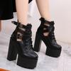 Women Platform Ankle Boots Lace Up Square High Heels Ladies Short Boots Shoes Autumn Winter Female Casual Black Footwear
