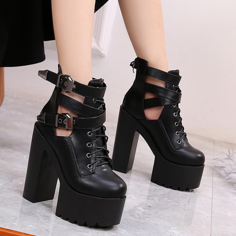 Women Platform Ankle Boots Lace Up Square High Heels Ladies Short Boots Shoes Autumn Winter Female Casual Black Footwear