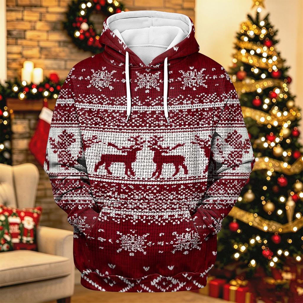 Men's Long Sleeve Christmas Print Pullover Hoodie for Holiday Party and Everyday Wear