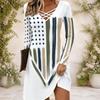 Women Criss Cross V Neck Long Sleeve American Flag Printed Curved Hem Dress