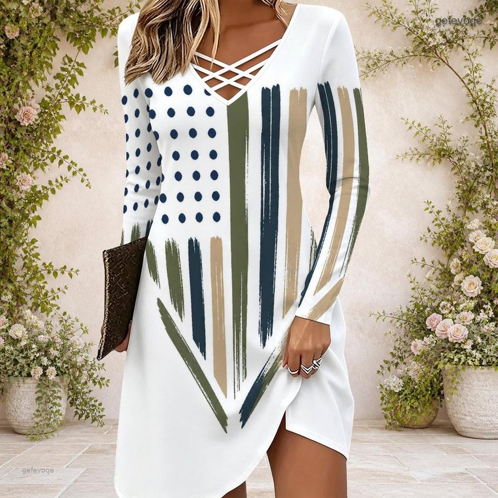 Women Criss Cross V Neck Long Sleeve American Flag Printed Curved Hem Dress