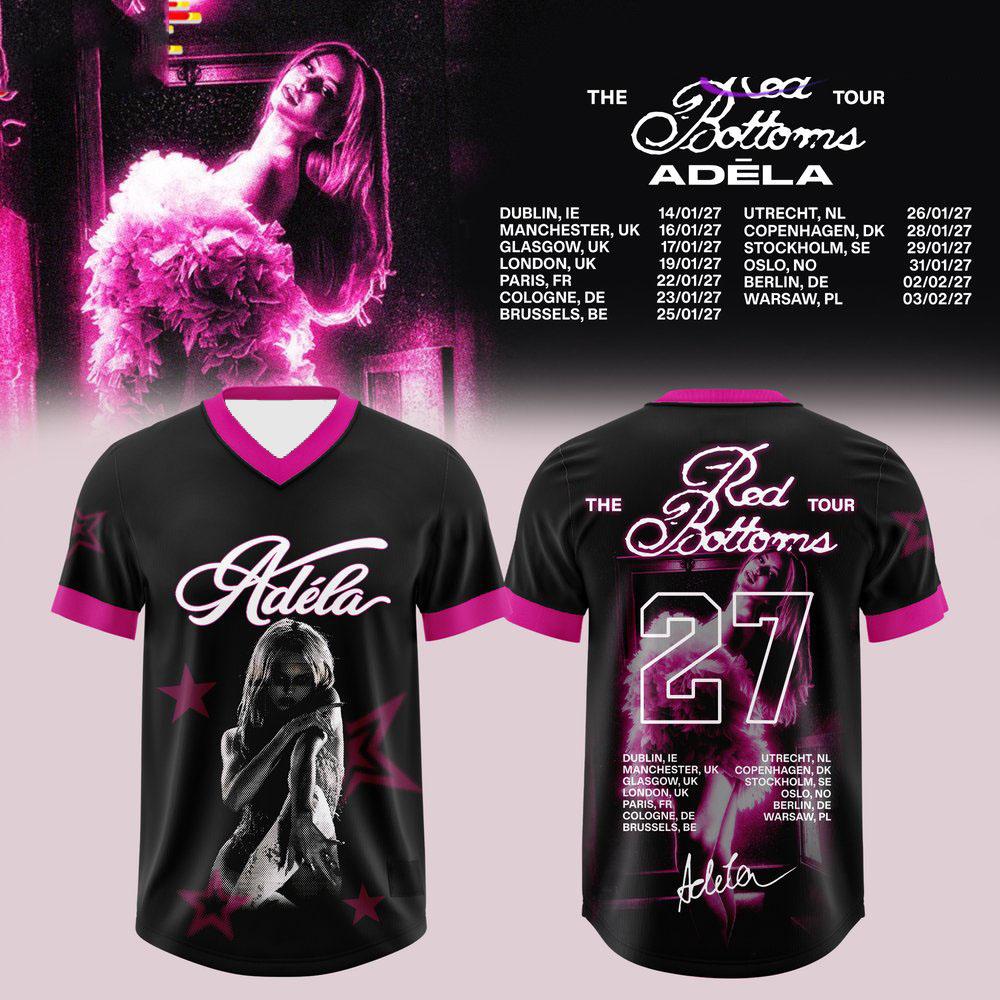 Adela Adéla The Red Bottoms Tour 2027 Maglia da Calcio Scollo a V Bordino Rosa Manica Corta Rete Maglia da Calcio Donna Uomo T-shirt Stampa