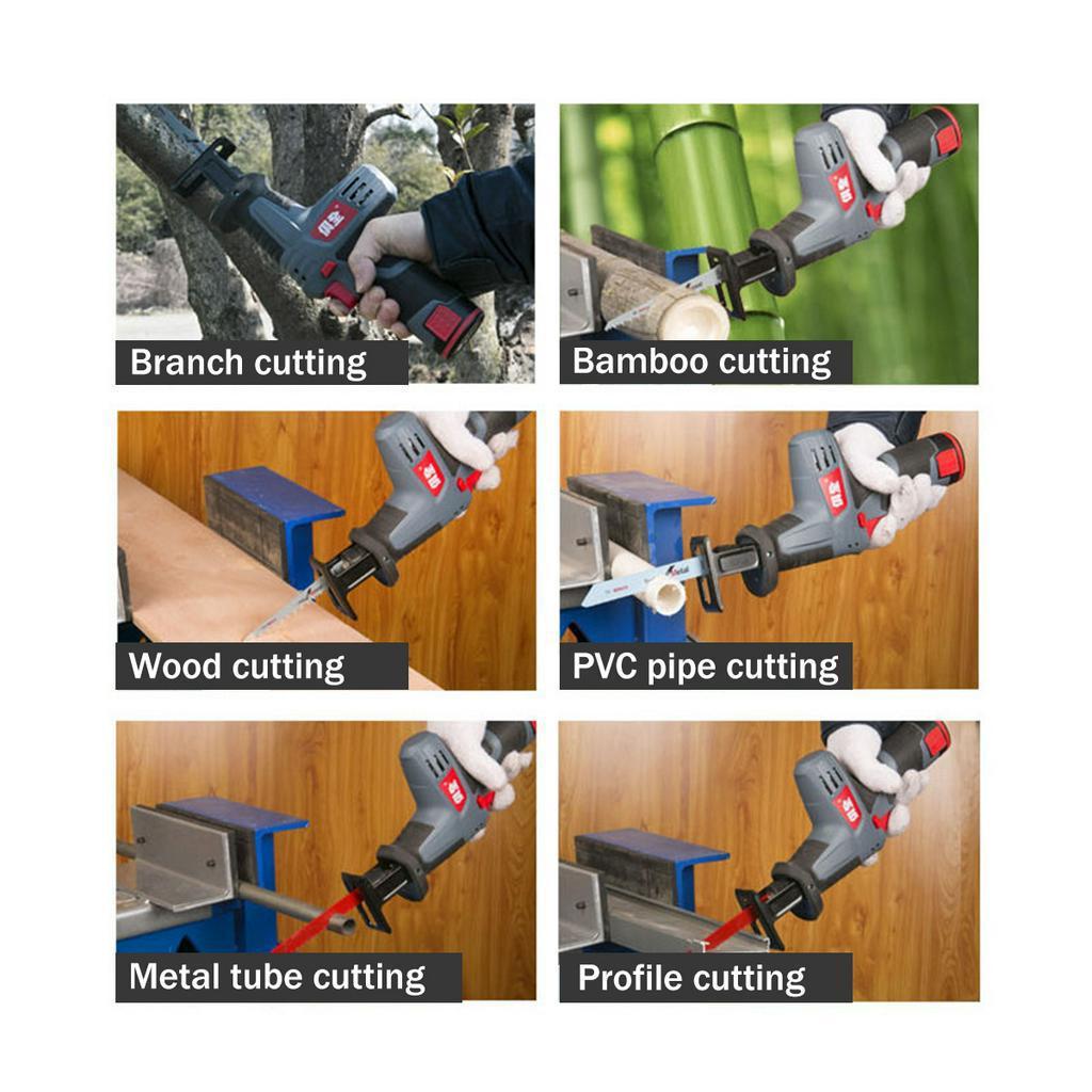 AC 110-240V Cordless Reciprocating Saw + 4 Saw Blades Adjustable Speed Chainsaw Wood Metal PVC Pipe Cutting with 1/2 Lithium Battery