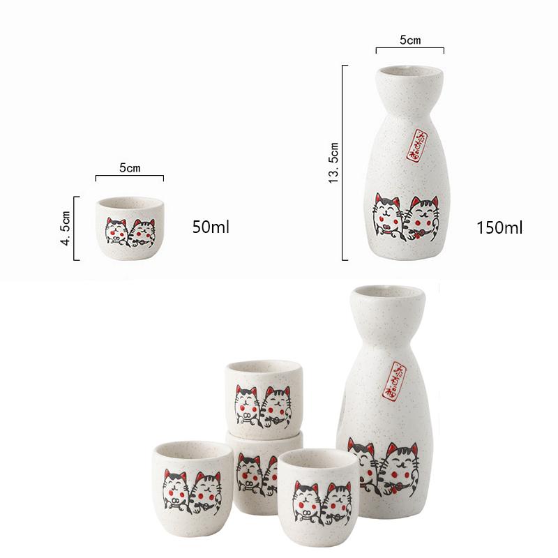 Ceramic Japanese Sake Set Lucky Cat Wine Pot Flagon with 4 Wine Cups Porcelain Tokkuri Bottle Soju Cup Microwave Safe