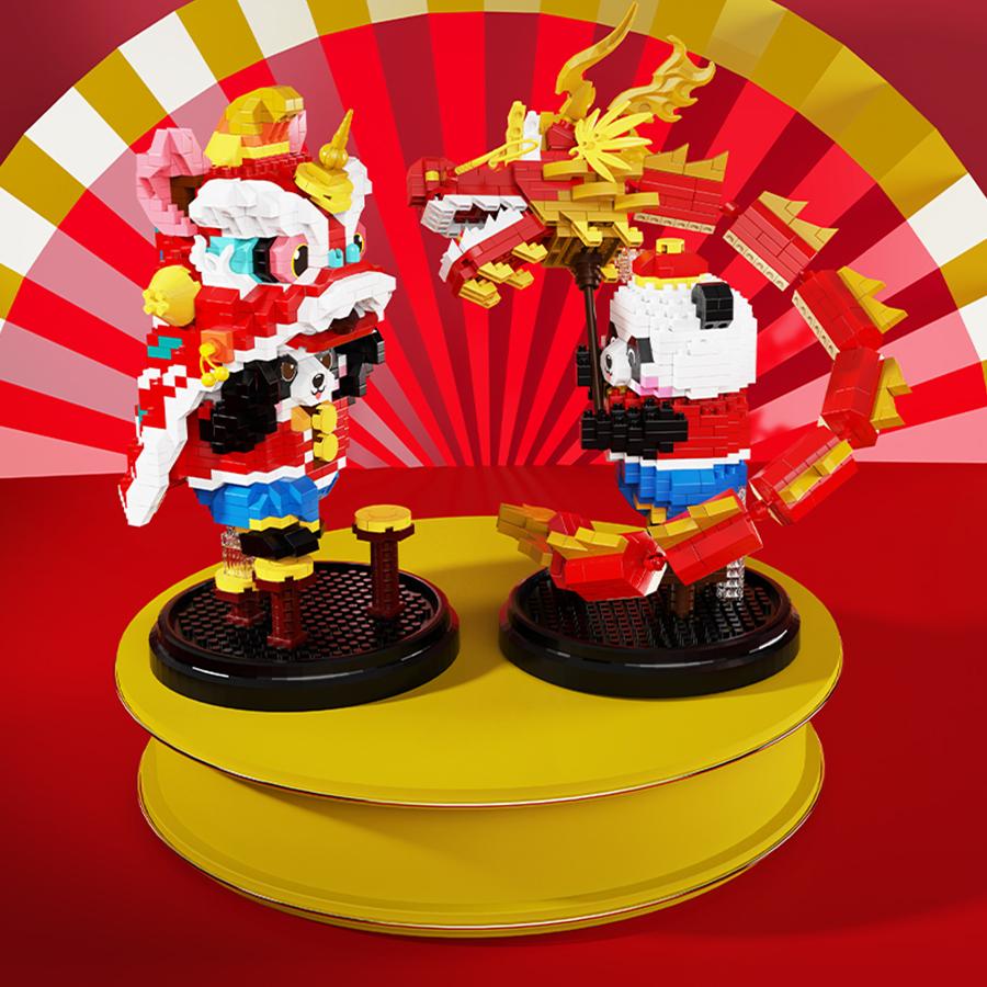 Non-Toxic Happy New Year Kids Toys Panda Building Blocks Micro Blocks Dragon Lion Dance Chinese Style Decorations Gifts Sets