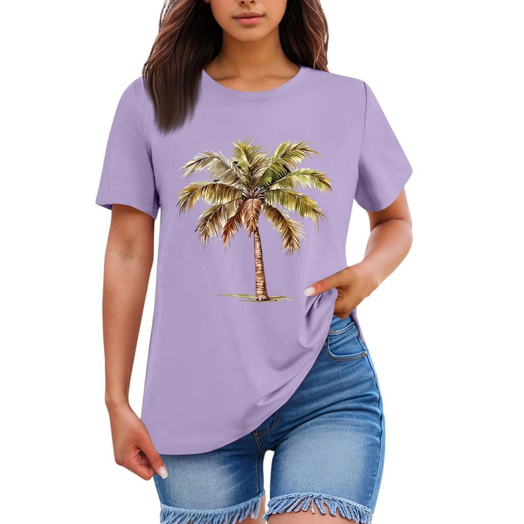 Ladies' Loose Comfortable Casual And Fashionable Hawaiian Plant Print Round Neck Short Sleeved Shirt