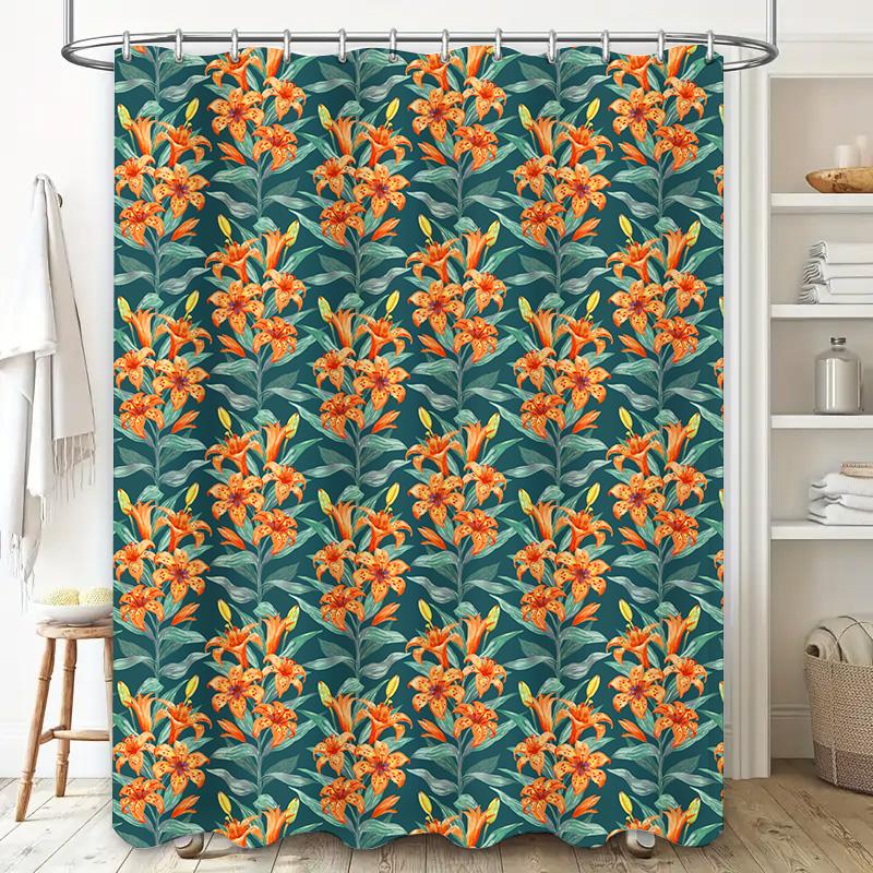 Bright Floral Pattern Shower Curtain Fabric Waterproof Home Decor Bathroom Decorations Customizable Sizes Available Orange Green