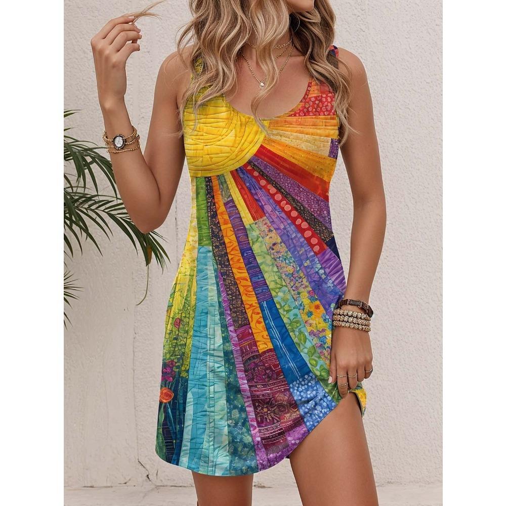 Summer New Women's Dress Retro Colorful Creative Pattern 3D Printing Loose Casual Vacation Round Neck Sleeveless Vest Dress
