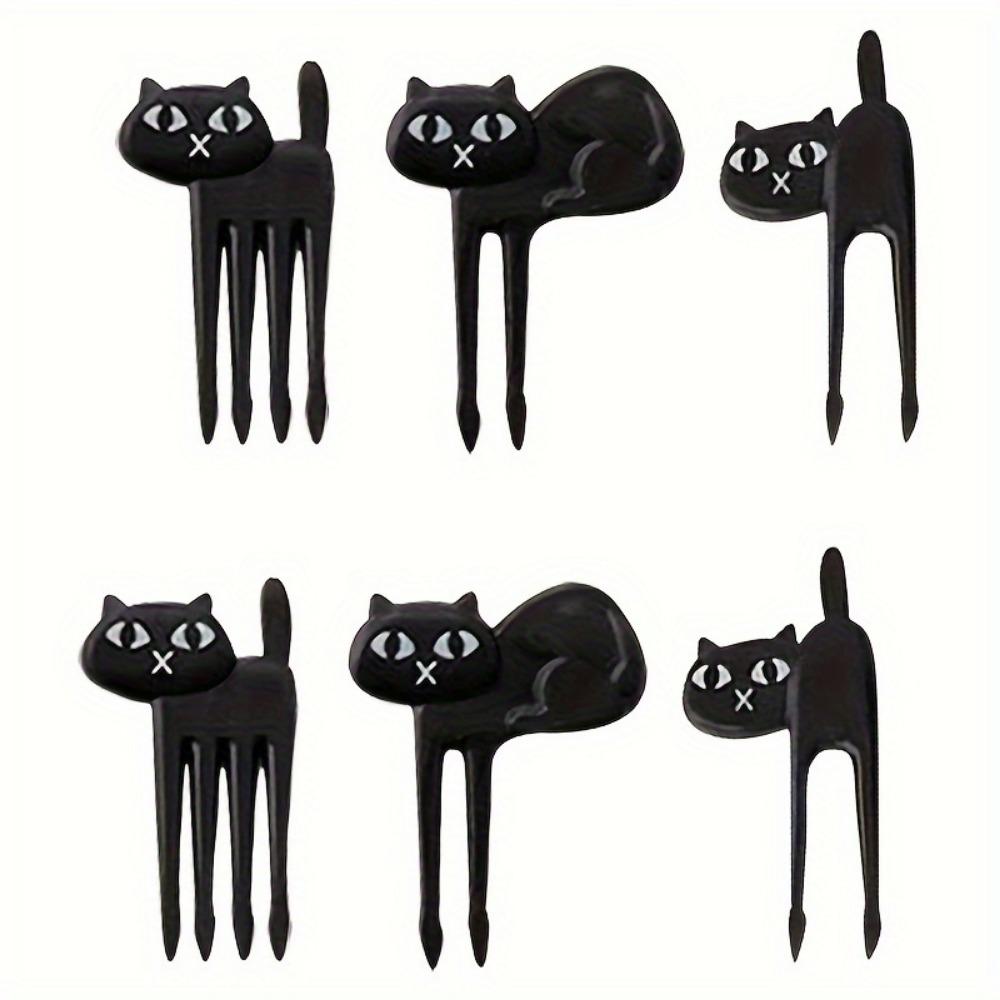 6pcs Set of Black Cat-Shaped Salad Forks Japanese Black Cat Fruit Fork - Cute Cartoon Animal Fruit Picks for Desserts,