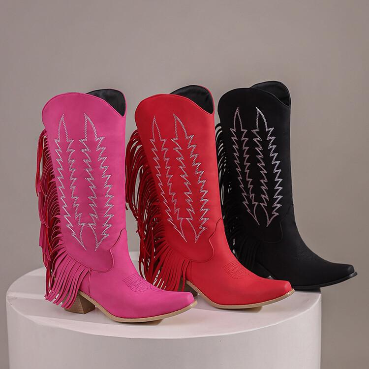 Autumn and winter retro style embroidered fringed boots pointed middle heel  tall fashion boots