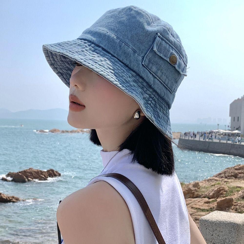 Vintage Denim Bucket Hat Travel Fisherman Cap New Pocket Sun Hats  Unisex