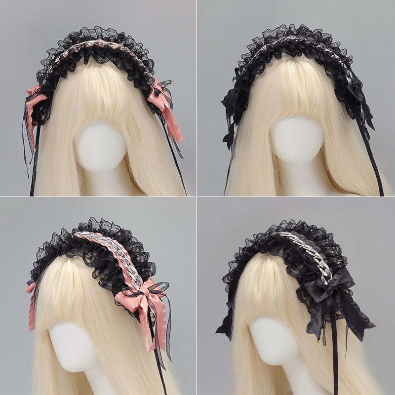 Lace Gothic Punk Hairband Women Harajuku Style Headband With Metal Chain Anime-Inspired Accessory Handmade Bow Design