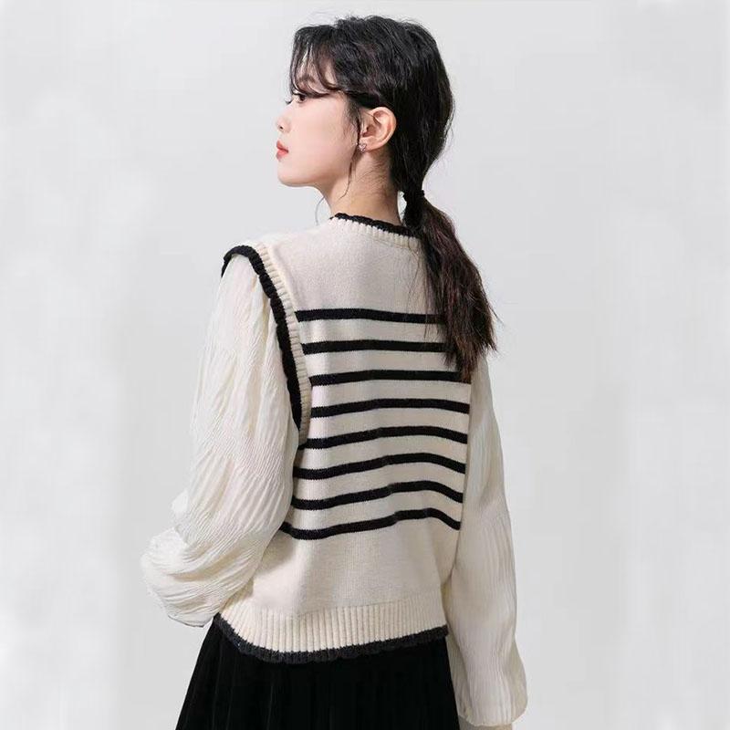 Pulover tricotat franțuzesc pentru femei primăvara și toamna, cămașă nouă blândă în mochiuri contrastante, top cu dungi