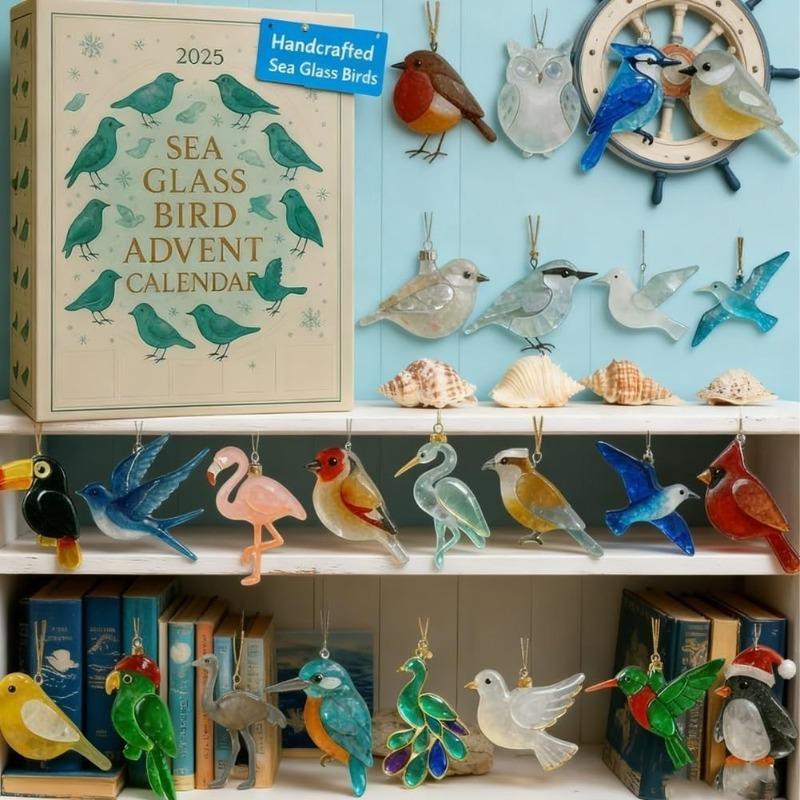 2D Flat Arcylic Sea Glass Bird Advent Calendar 2025, 24 Day Coastal Christmas Countdown with Handcrafted Sea Glass Ornaments, for Beach Nature Lovers