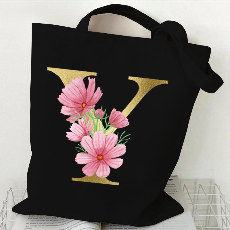 26 Golden Alphabet Floral Tote Bags for Women Large Capacity Canvas Casual New Flower Alphabet Printed Female Reusable Handbag