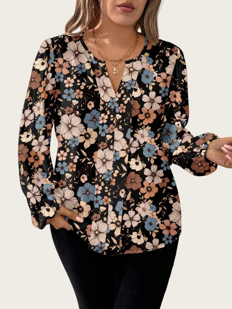 Plus Size Retro Floral V-neck Lantern Sleeve Chiffon Blouse