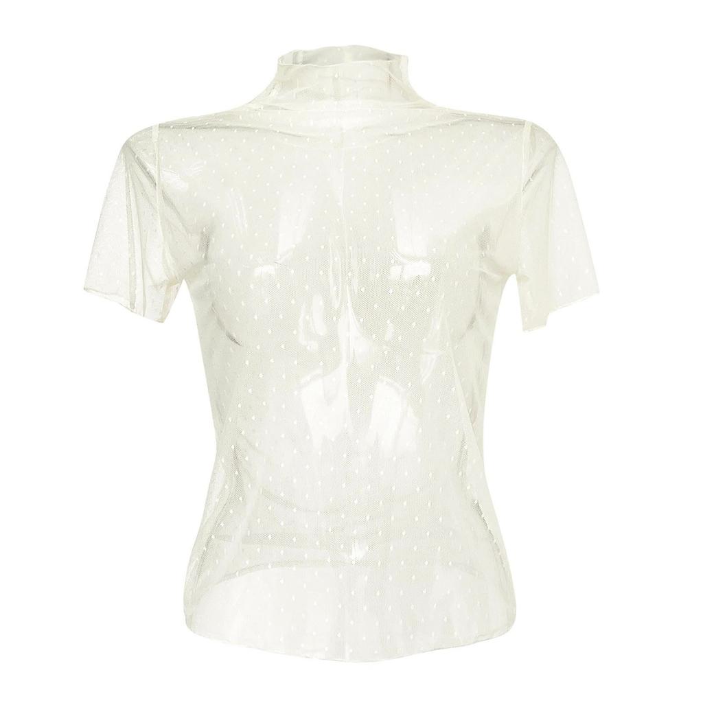 Women's Solid Color  Mesh Short Sleeved Half High Neck Base Small Shirt Top Small Shirt Top