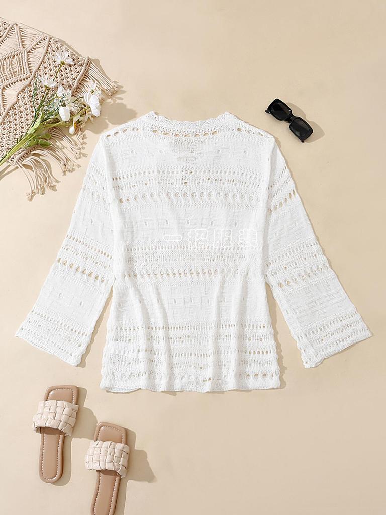 Damen Sommer Hohlmuster Glockenärmel Strandkleid mit Textur