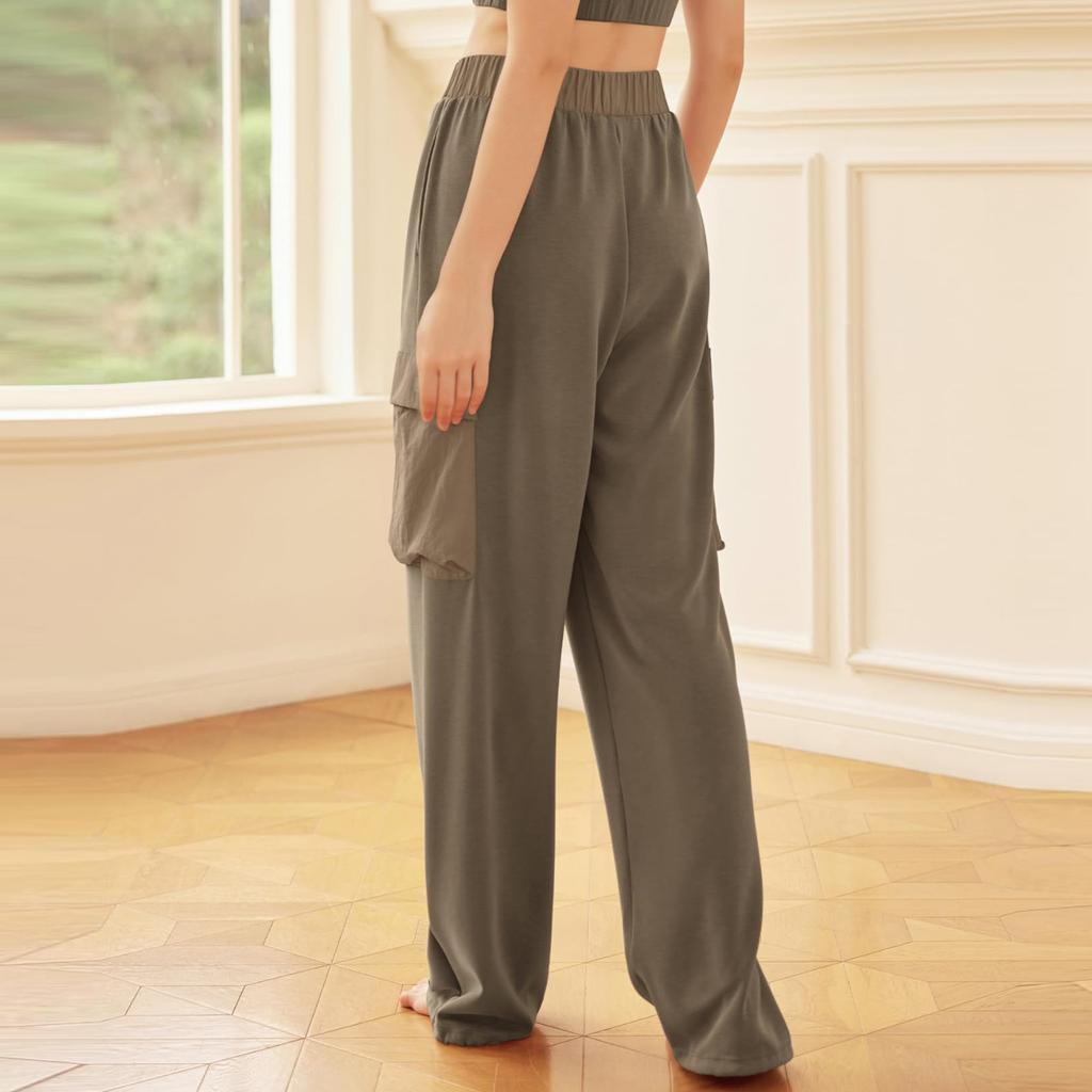Women  Elastic High Waist Pant Casual Active  Fit Wide Leg Long Pants Trousers With Pockets
