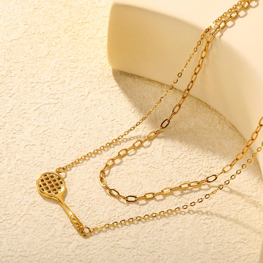 Sports style mini badminton racket necklace, simple and high-end stainless steel pendant, collarbone chain, double-layer stacked necklace.
