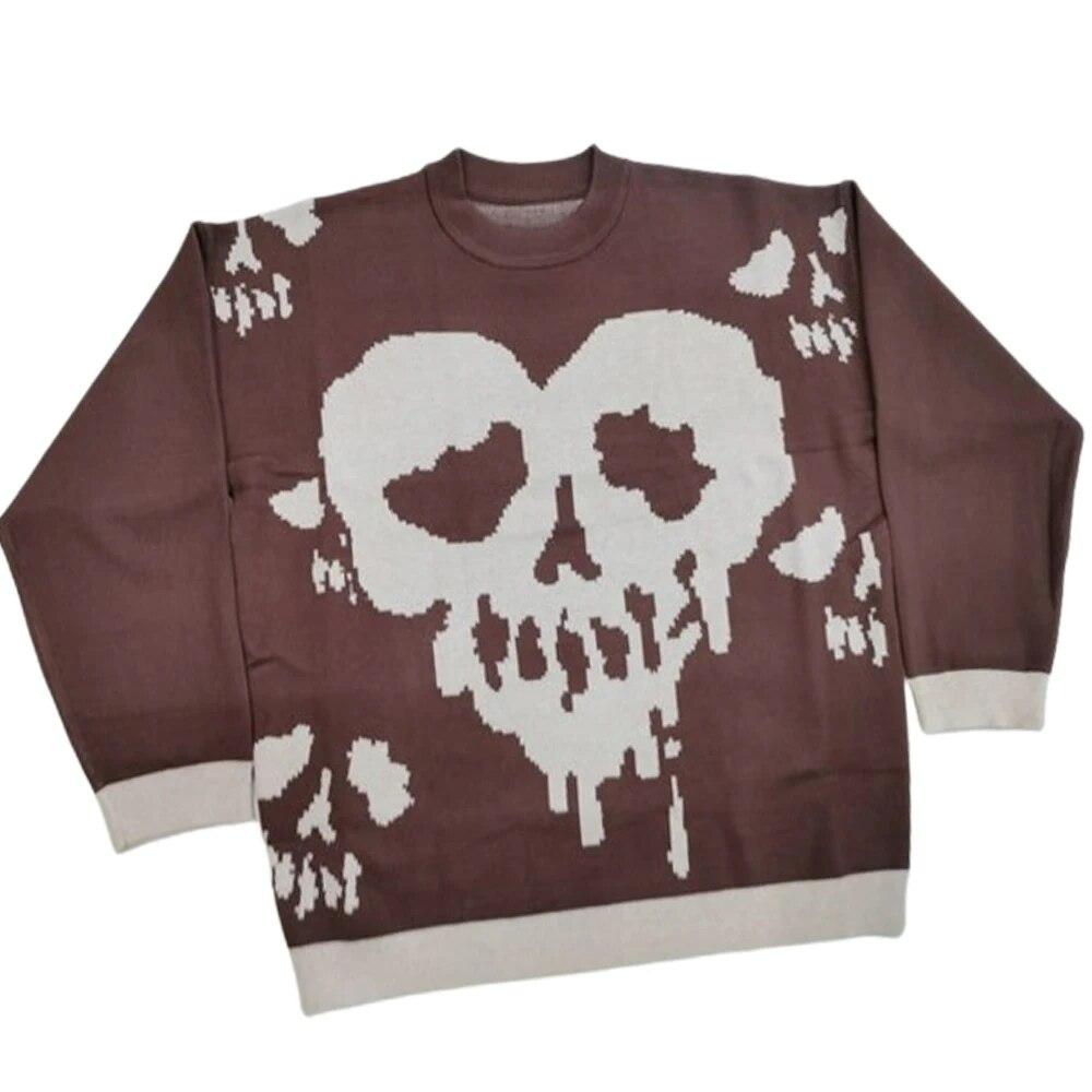 Y2K European and American Autumn/Winter Warm Knitted Skull Pattern Harajuku Street Coat Sweater Hip Hop Loose