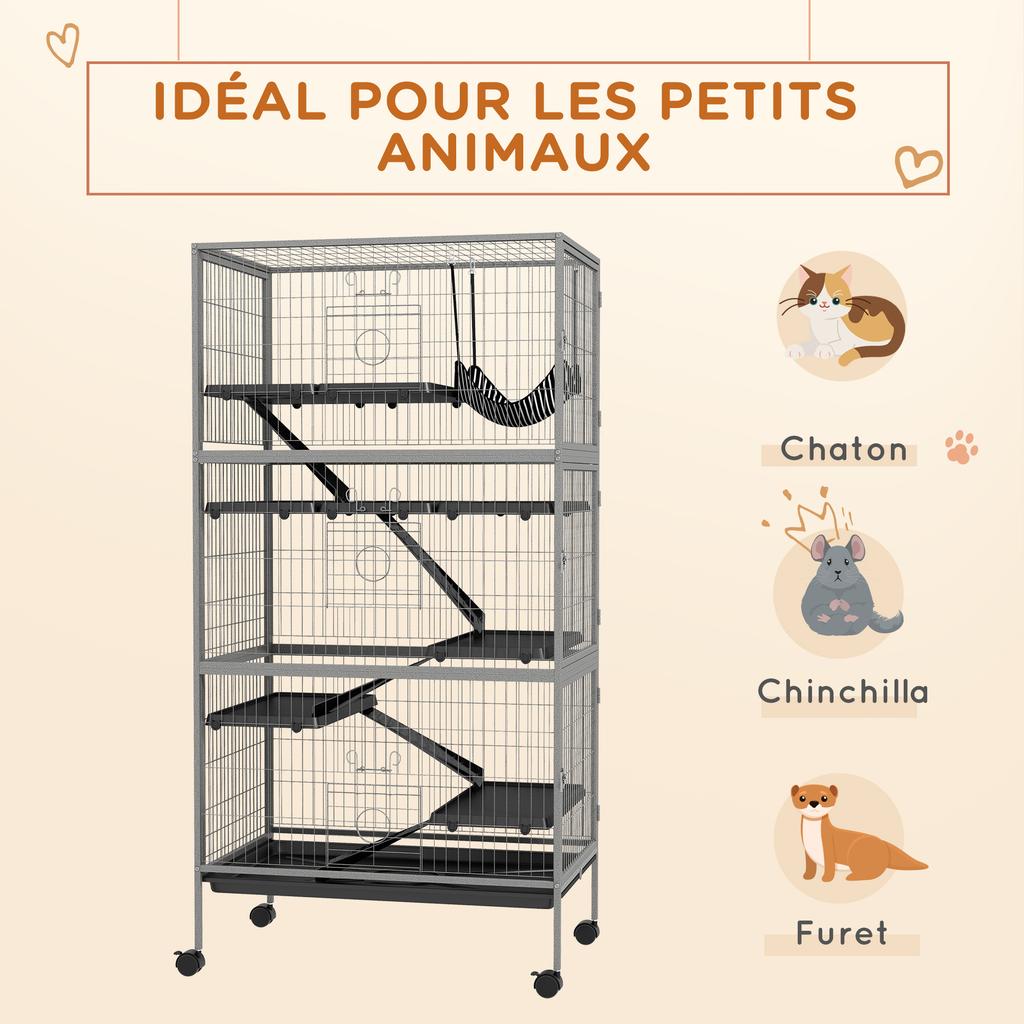 Multifunctional rodent cage with 4 platforms, 3 ramps, and 4 doors. Dimensions: 80L x 52W x 159H cm. Silver-grey/black steel.