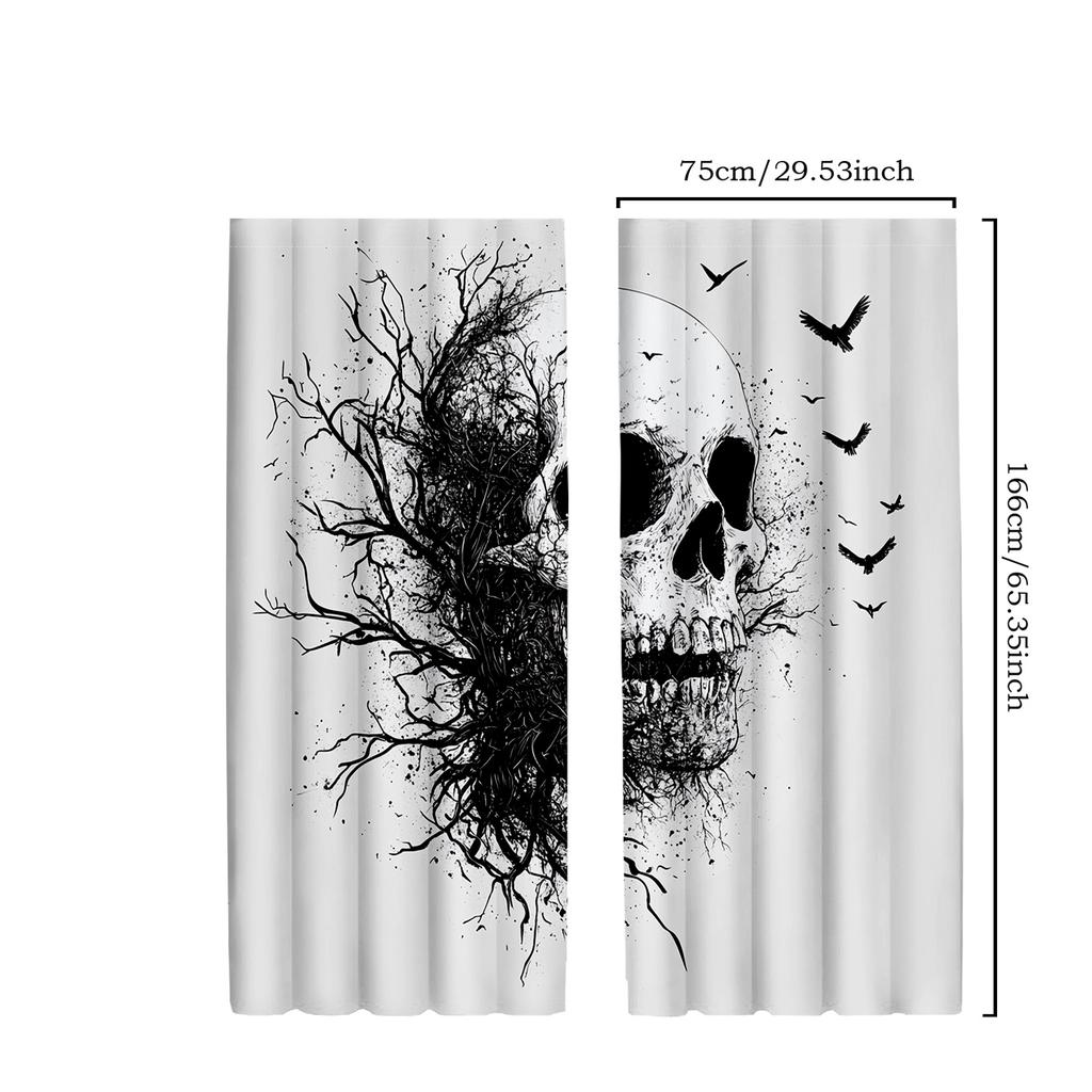 2pcs Classic Gothic Skull and Branches Black and White Polyester Decorative Curtains   Scary Art Design for Home Decor