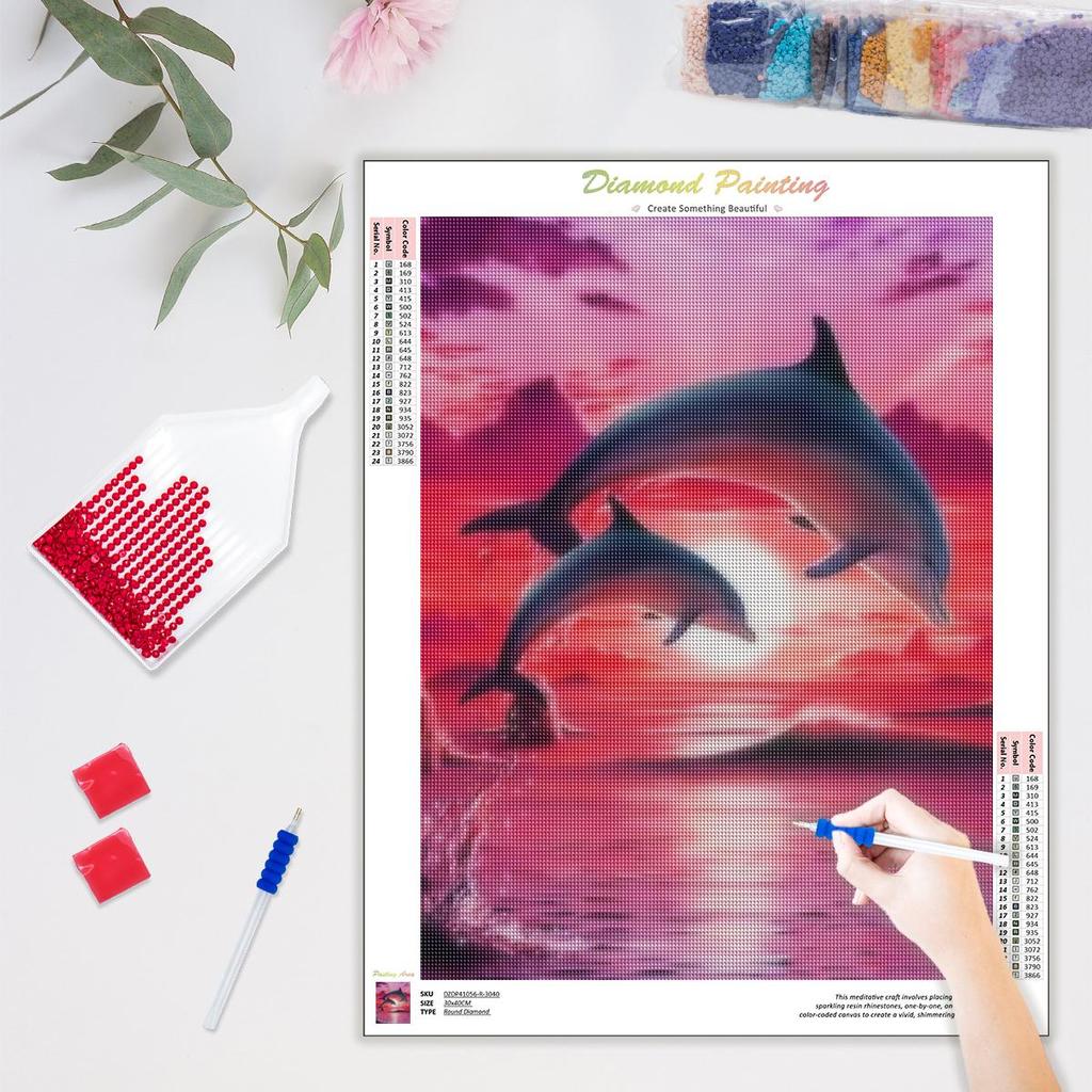 Frame Diy Diamond Painting Seascape Dolphin Embroidery Kit Mosaic Landscape Needlework Handicrafts Handmade Gift 30x40cm