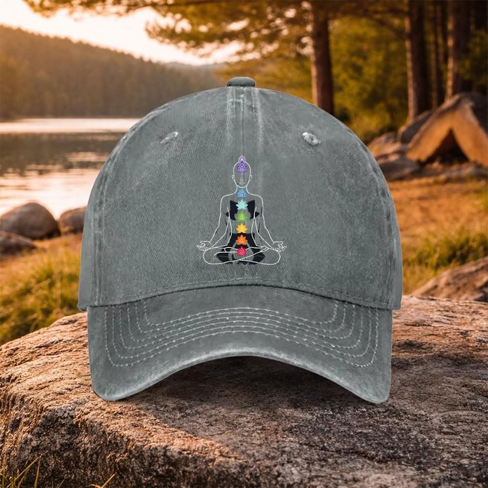 Chakra Meditation Graphic Washed Baseball Cap Adjustable Cotton Outdoor Unisex Daily Wear Cap
