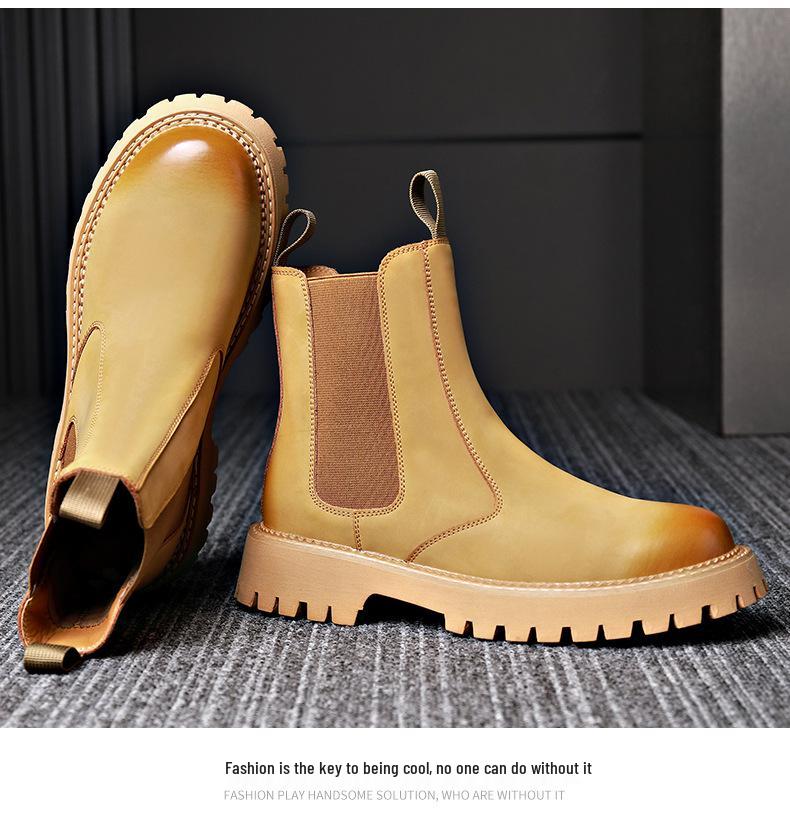 Men's High-Top Genuine Leather Martin Boots - Yellow, Thick Sole, Lightweight, Elastic Slip-On, Warm, Casual Work Boots for Autumn and Winter.