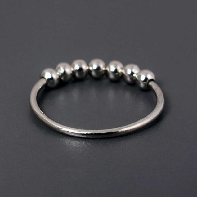 Sterling Silver Brass Adjustable Anxiety Ring, 7 Bead Fidget Spinner Ring, Resizable Decompression Ring, Stylish Shiny Silver Band